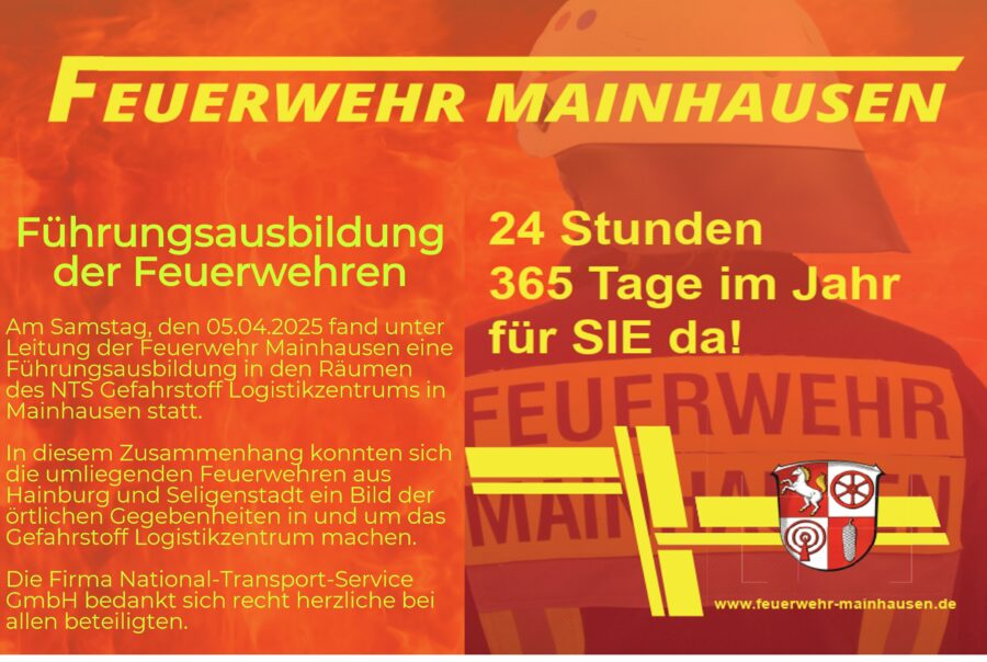Am Samstag, den 05.04.2025 fand unter Leitung der Feuerwehr Mainhausen eine Führungsausbildung in den Räumen des NTS Gefahrstoff Logistikzentrums in Mainhausen statt. In diesem Zusammenhang konnten sich die umliegenden Feuerwehren aus Hainburg und Seligenstadt ein Bild der örtlichen Gegebenheiten in und um das Gefahrstoff Logistikzentrum machen. Die Firma National-Transport-Service GmbH bedankt sich recht herzliche bei allen beteiligten.
